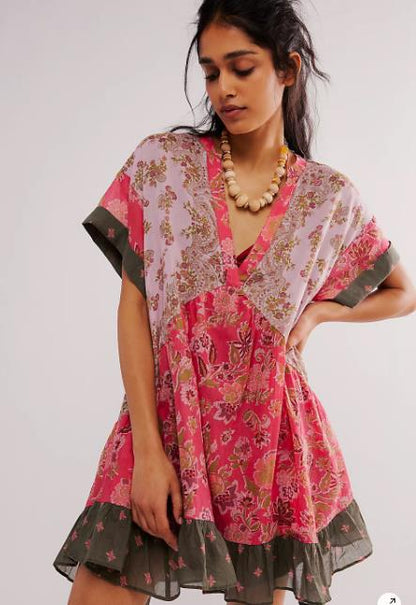 Women Fashion Casual Boho Multicolor Printed Stripe Short Sleeve V-Neck Dress