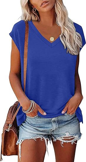 Camiseta informal de verano para mujer, con cuello en V, color liso, de manga corta y sin mangas