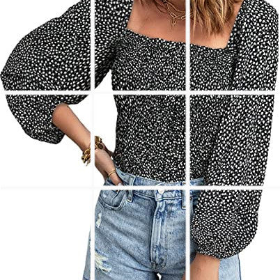 Camisa informal de color liso con cuello cuadrado y mangas abullonadas para mujer