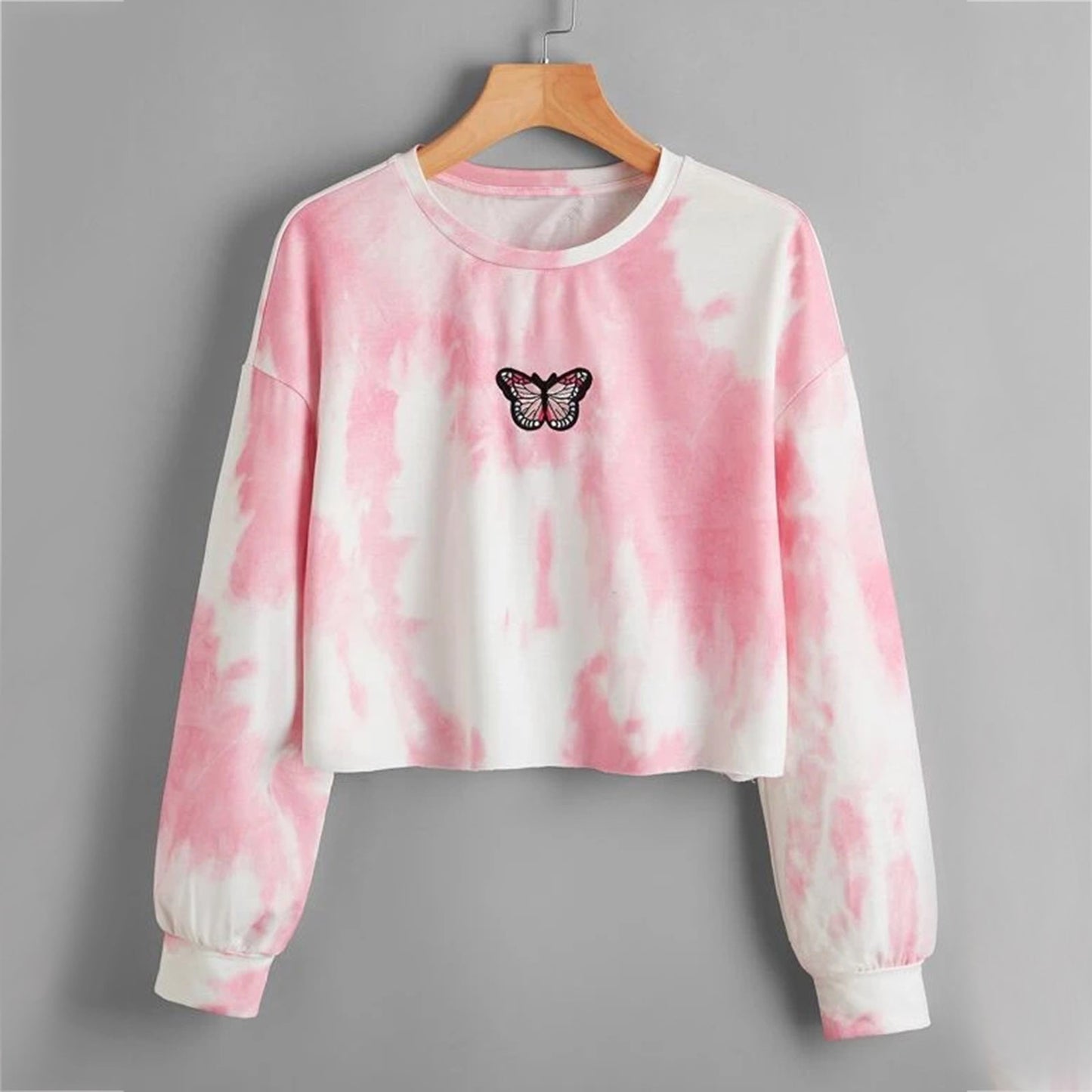 Sudadera corta informal con estampado tie-dye de manga larga para mujer