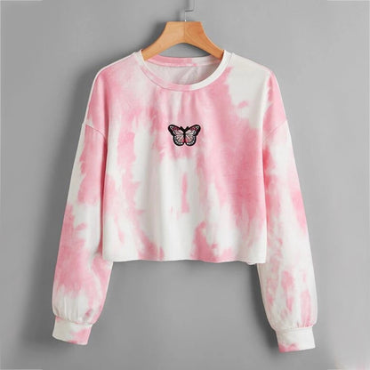 Sudadera corta informal con estampado tie-dye de manga larga para mujer