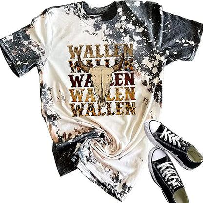 Camiseta informal de verano para mujer con estampado de cabeza de buey occidental, cuello redondo y manga corta
