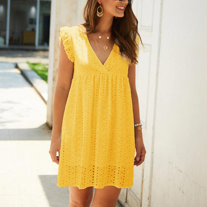 Vestido minivestido elegante para mujer, de color liso, con escote en V, encaje con volantes, sin mangas, corte A, informal, holgado, para playa y verano