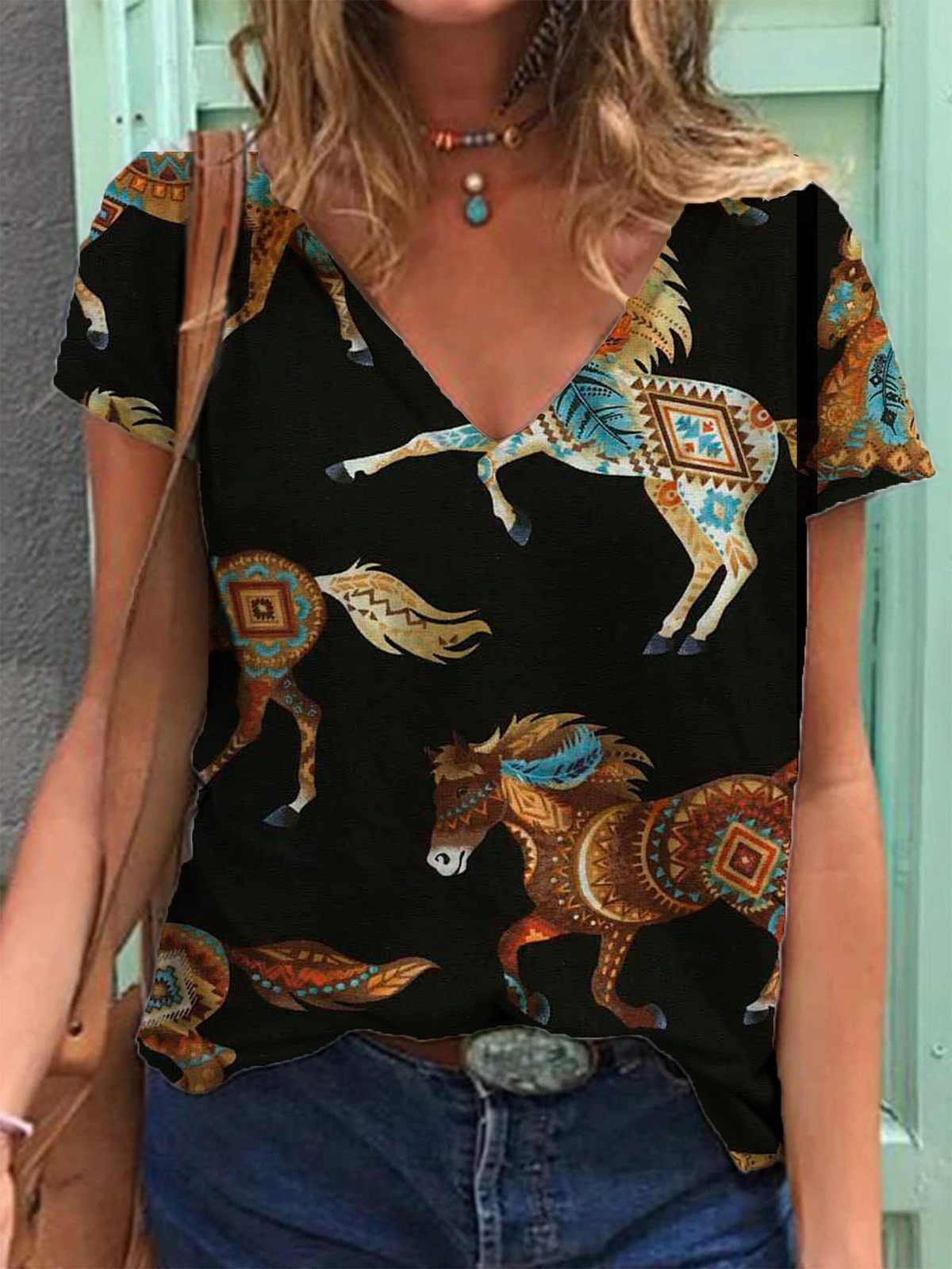 Camiseta informal holgada con cuello en V y manga corta para mujer
