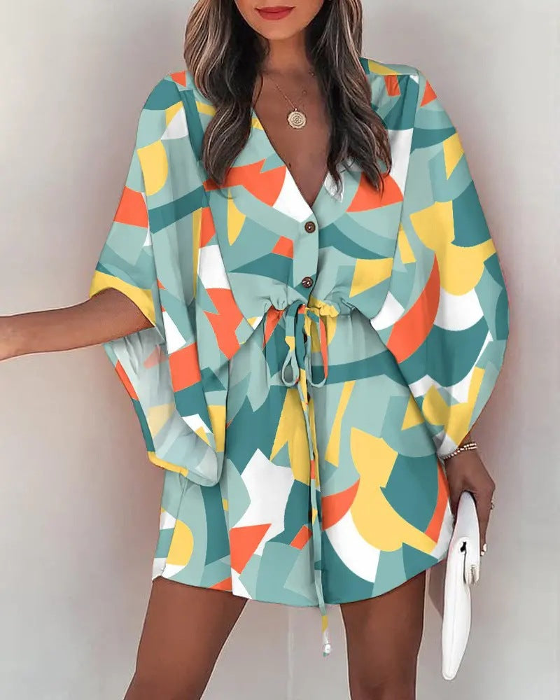 Women Elegant Bohemian Summer Short Sleeves V Neck Casual Bandage Holiday Dress