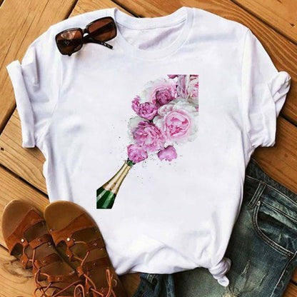 Camiseta holgada informal de manga corta con estampado gráfico de vino para mujer
