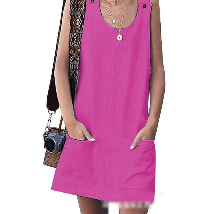 Summer Women Casual Solid Color Pocket Loose Dress