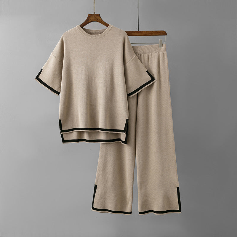 Conjunto de dos piezas de pantalones anchos de punto con contraste informal para mujer