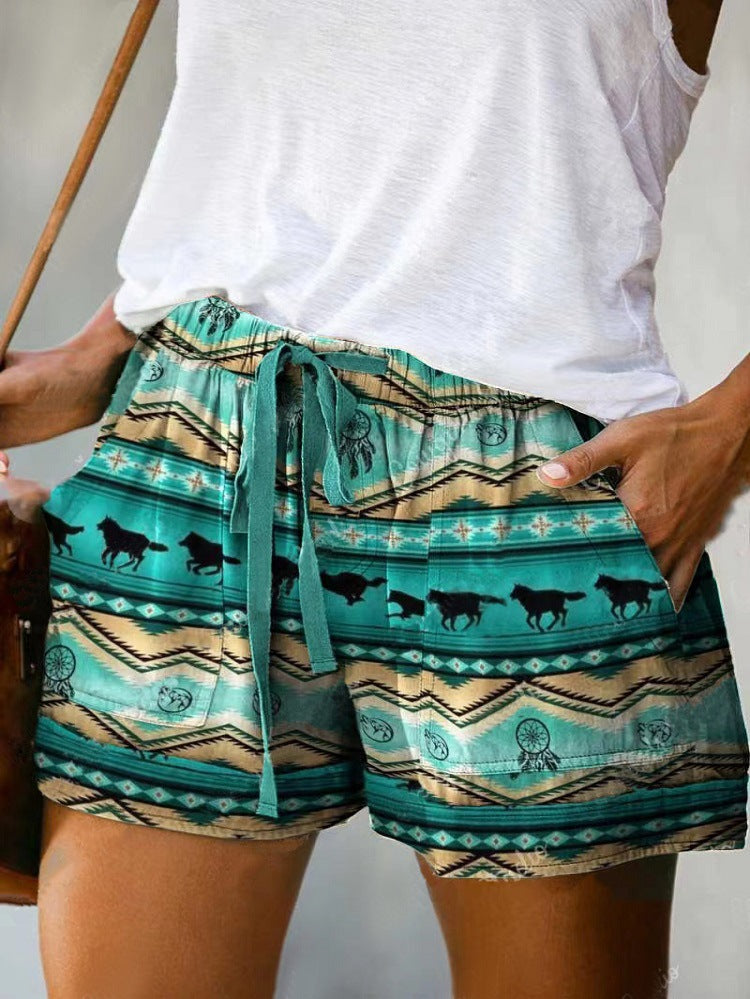 Pantalones cortos holgados con cordones y cintura alta con estampado digital informal a la moda para mujer