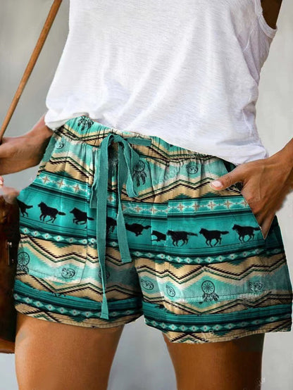 Pantalones cortos holgados con cordones y cintura alta con estampado digital informal a la moda para mujer