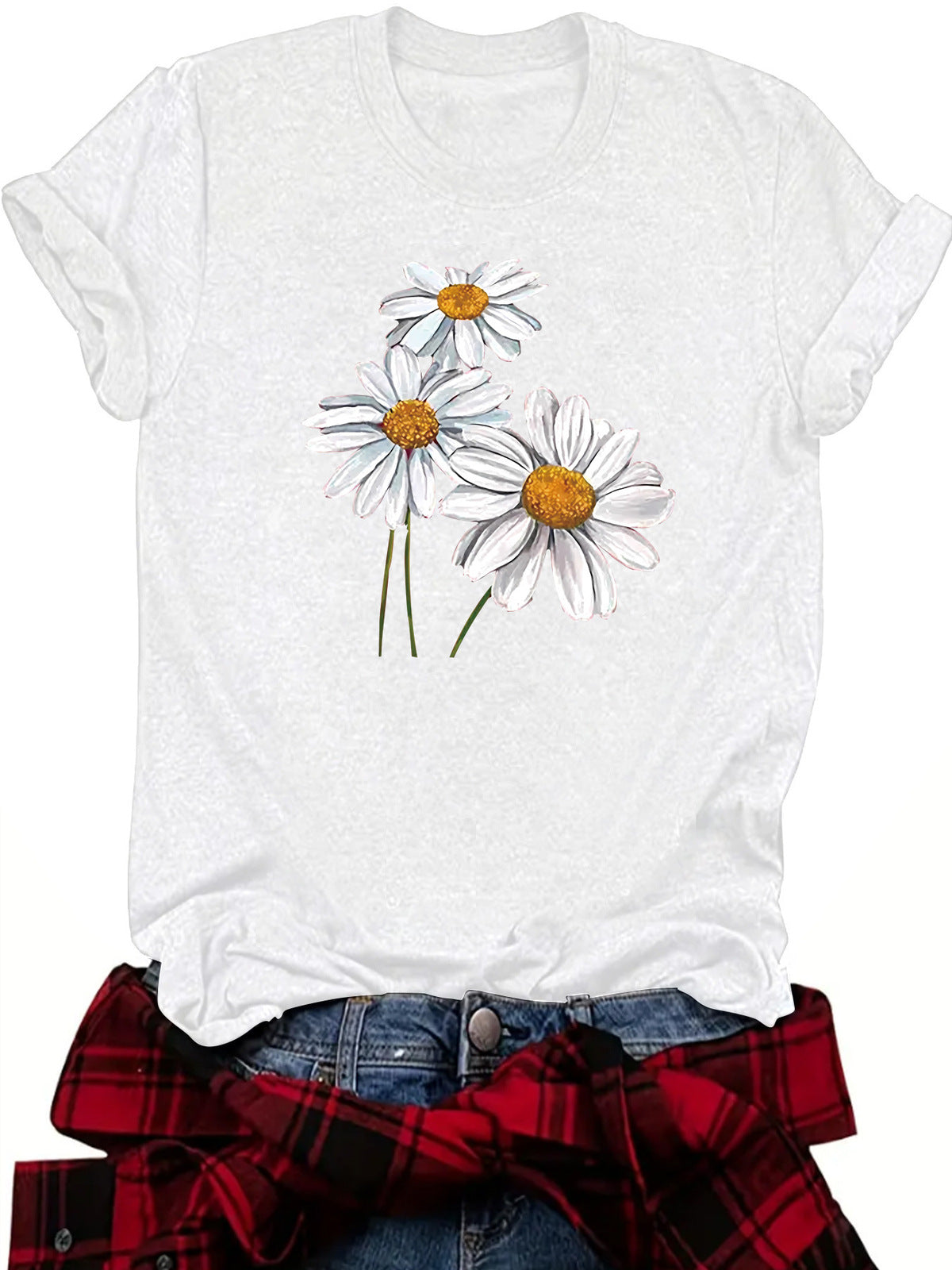 Camiseta informal de manga corta con cuello redondo y estampado de flores para mujer