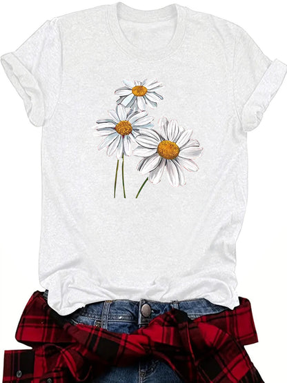 Camiseta informal de manga corta con cuello redondo y estampado de flores para mujer