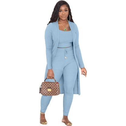 Fashion Women Casual Solid Color Rib-Knit Cardigan Camis And Skinny Pants Three Piece Set