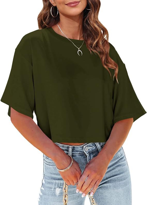 Camiseta básica informal de media manga con estampado de color liso para mujer