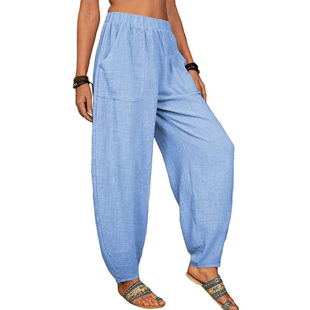 Women Fashion Casual Cotton Linen Solid Color Loose Harem Pants
