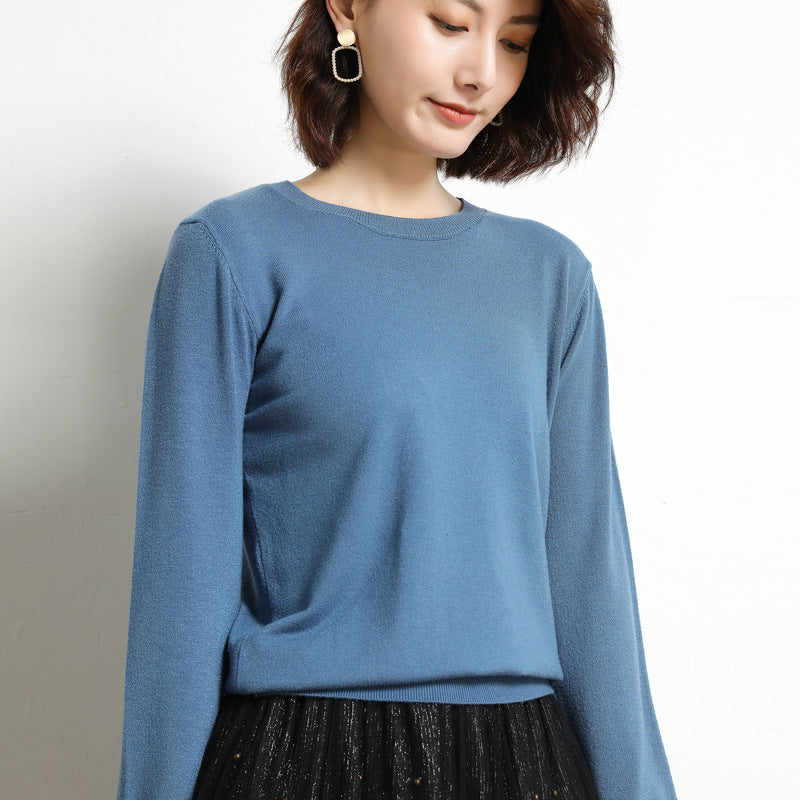 Women Simple Casual Solid Color Round Neck Long Sleeve Knitted Sweater