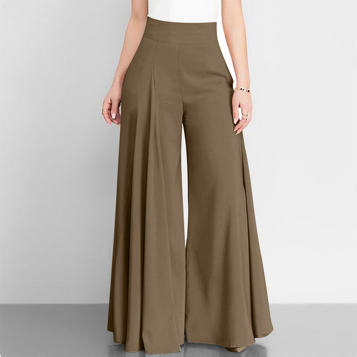 Women Fashion Casual Solid Color High Waist Wide Leg Thin Pants