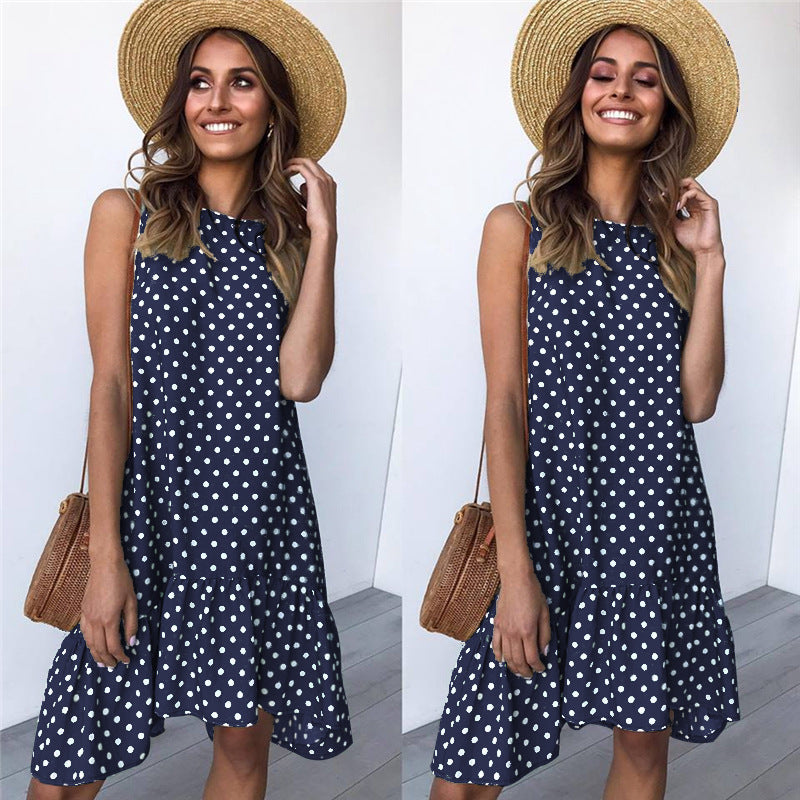 Women Bohemian Summer Polka Dot Sleeveless Ruffled Beach Mini Casual Sundress Fashion Dress