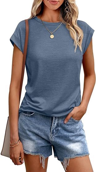 Camiseta informal de verano para mujer, color liso, cuello redondo, manga corta, sin mangas