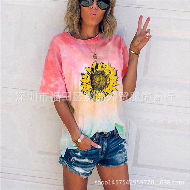 Camiseta informal holgada con cuello redondo y estampado degradado tie-dye para mujer