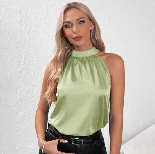 Camiseta sin mangas de satén con cuello halter, informal, de color liso, a la moda para mujer