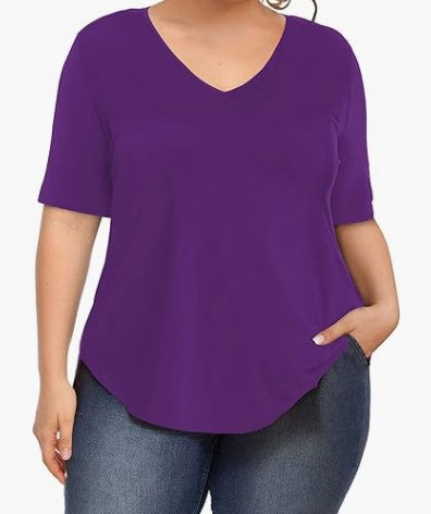 Summer Women Casual Plus Size Solid Color V-Neck Short-Sleeved T-Shirt