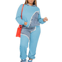 Conjunto de dos piezas con capucha y pantalones de mezclilla con parches informales a la moda para mujer