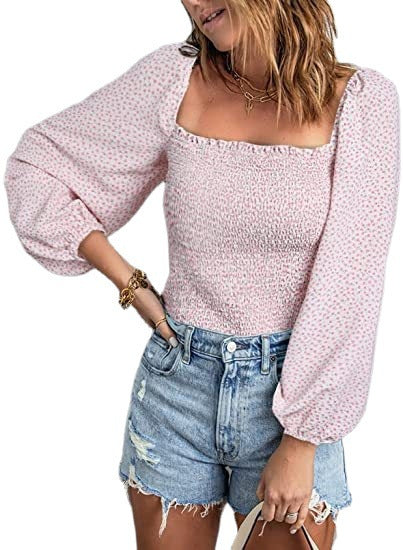 Camisa informal de color liso con cuello cuadrado y mangas abullonadas para mujer