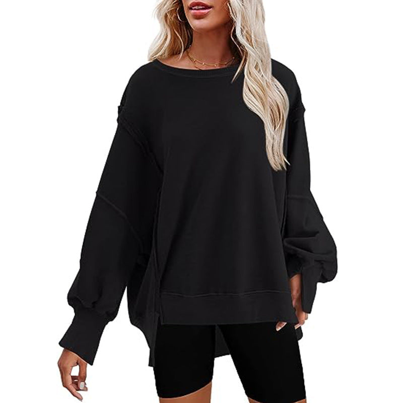 Women Fashion Casual Solid Color Round Neck Split Sweatshirt