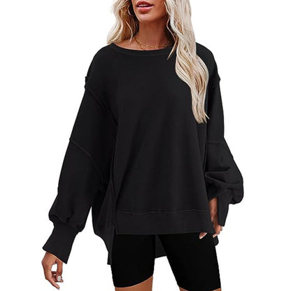 Women Fashion Casual Solid Color Round Neck Split Sweatshirt
