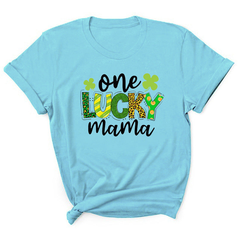 Camiseta informal de manga corta con cuello redondo y estampado de letras "One Lucky Mama" para mujer