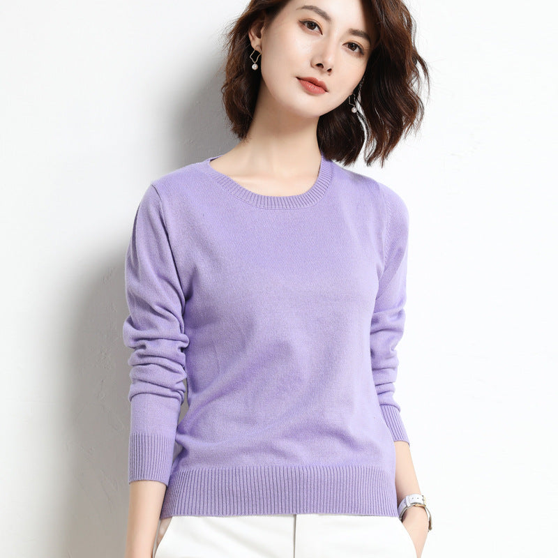 Women Simple Casual Solid Color Round Neck Long Sleeve Knitted Sweater