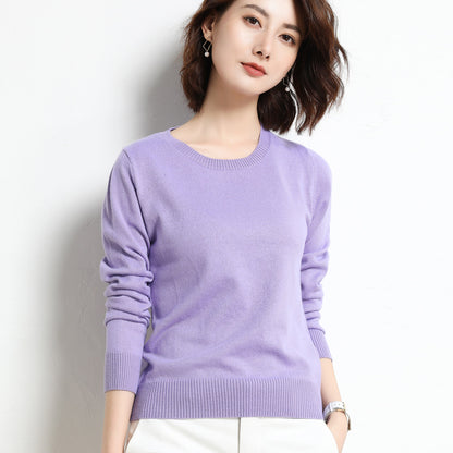 Women Simple Casual Solid Color Round Neck Long Sleeve Knitted Sweater