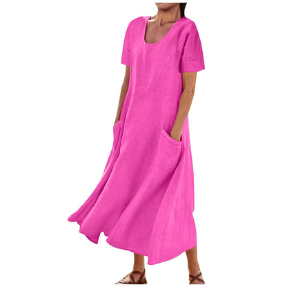 Women Casual Solid Color Cotton Linen Round Neck Short Sleeve Loose Dress