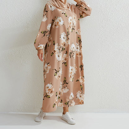 Vestido largo abaya informal holgado de manga larga de color liso para mujer