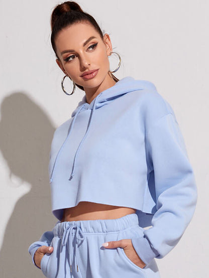 Sudadera corta básica informal de polar de color liso con mangas largas para mujer