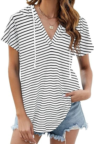 Camiseta holgada informal de manga corta con cuello en V y color liso para mujer