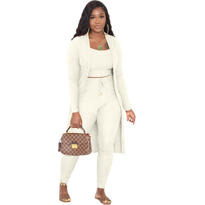 Fashion Women Casual Solid Color Rib-Knit Cardigan Camis And Skinny Pants Three Piece Set