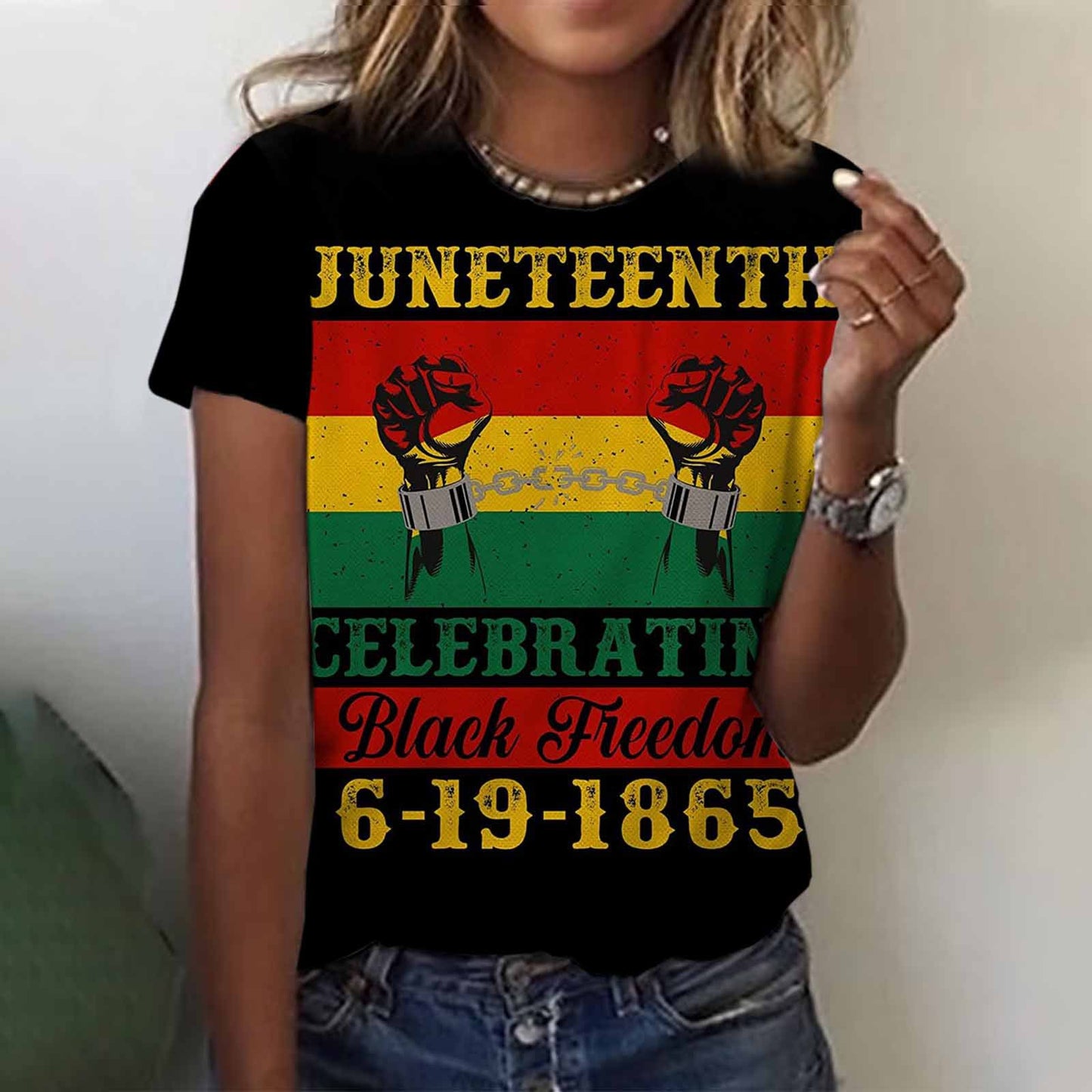 Camiseta informal de manga corta con estampado de letras Juneteenth para mujer
