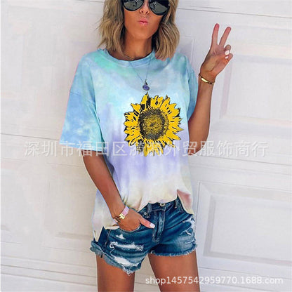 Camiseta informal holgada con cuello redondo y estampado degradado tie-dye para mujer