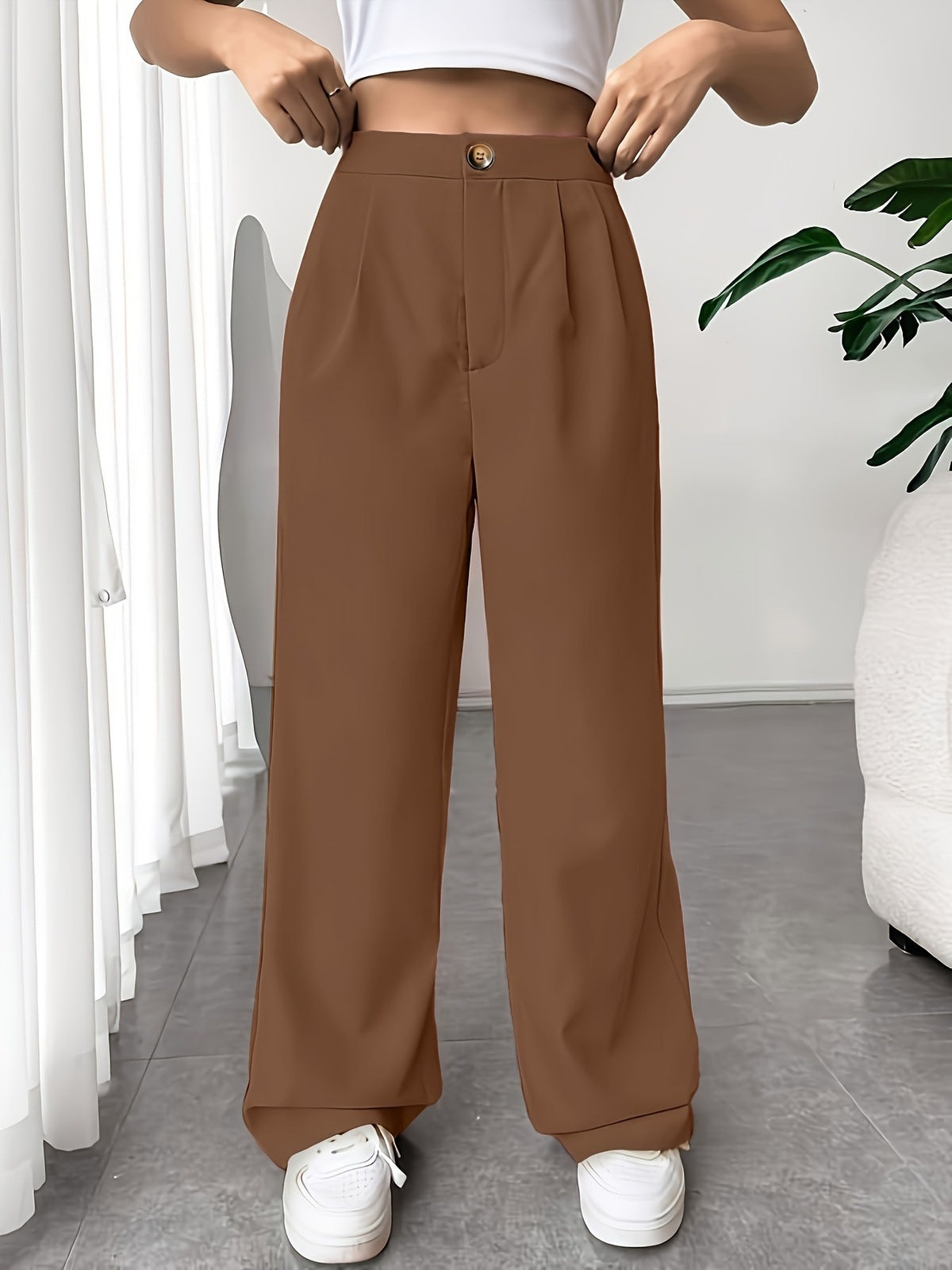 Pantalones rectos holgados con cintura alta y drapeados casuales a la moda para mujer