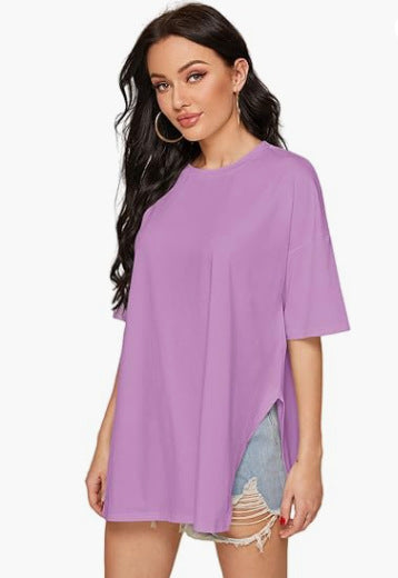 Summer Women Casual Solid Color Round Neck Short Sleeve Split T-Shirt