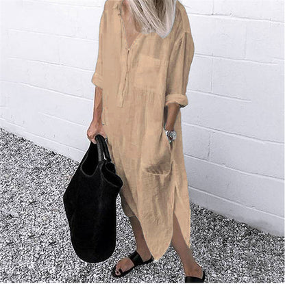 Summer Women Fashion Simple Casual Long Sleeve Shirt Split Dress