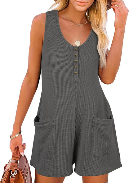 Women Casual Solid Color V-Neck Button Pocket Vest Rompers