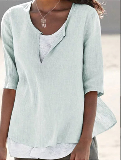 Blusa informal de lino con cuello en V y color liso para mujer