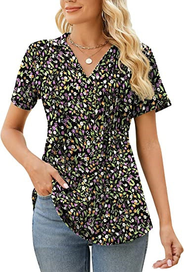 Camiseta informal de verano para mujer, con cuello en V y manga corta en blanco