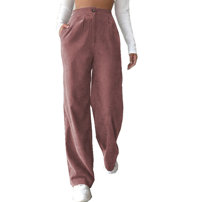 Women Solid Color Button High Waist Casual Loose Wide Leg Pants