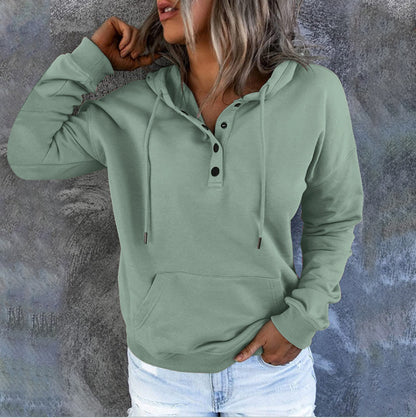 Sudadera con capucha básica informal de manga larga con bolsillo suelto y cuello en V para mujer