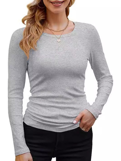 Camiseta informal de manga larga con cuello redondo y ribete de color liso para mujer