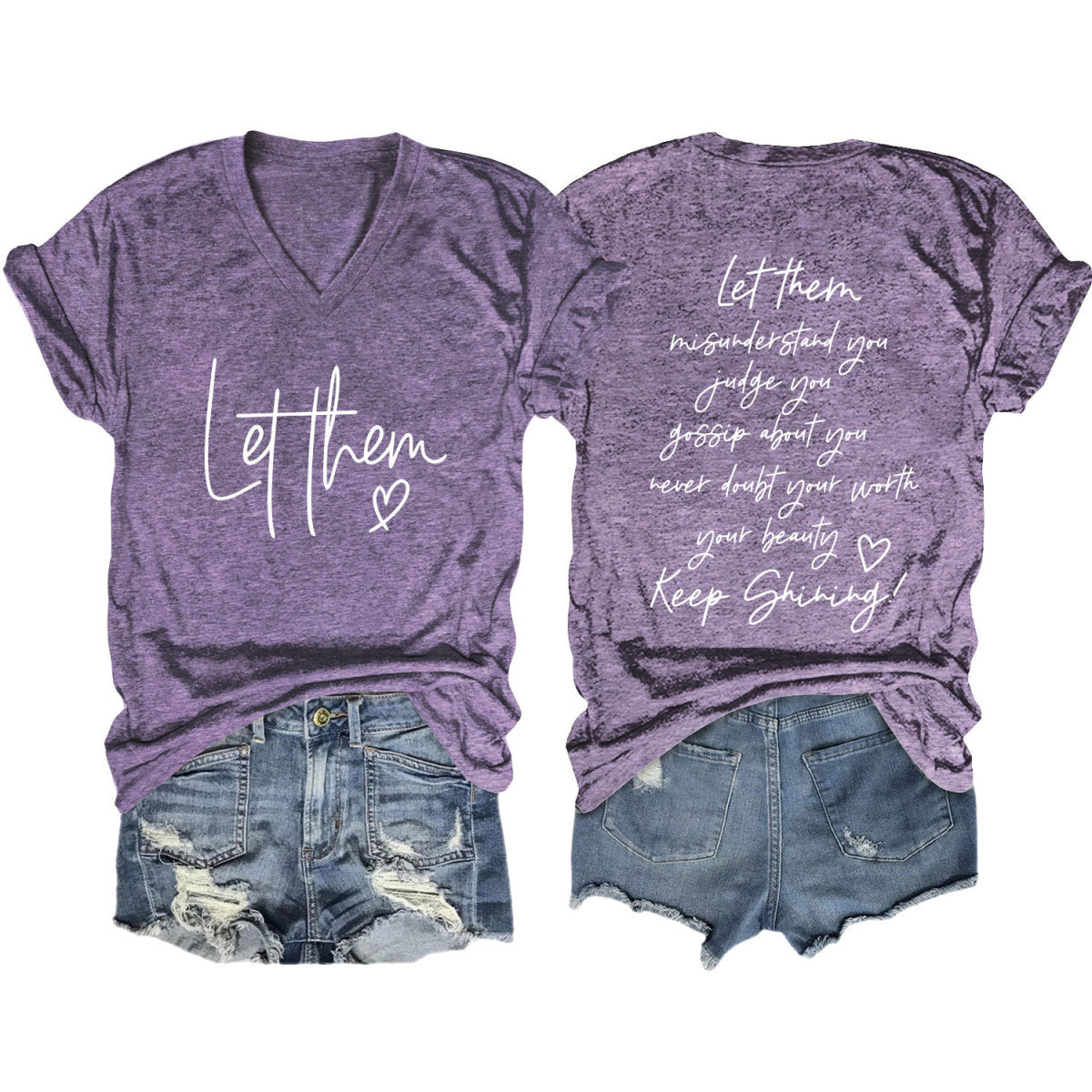 Camiseta informal de verano para mujer con estampado de letras de doble cara y cuello en V de manga corta
